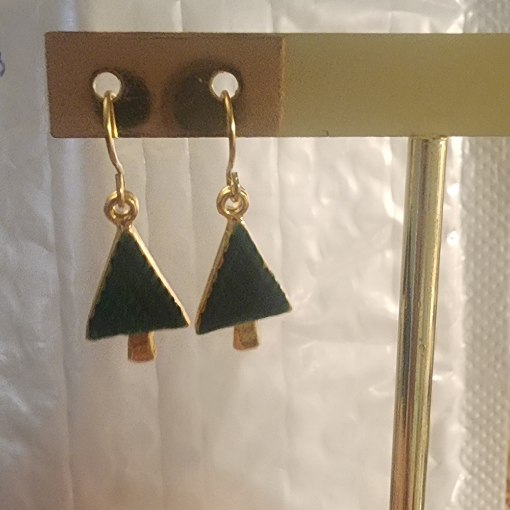 Gold Tone‎ and Green Tree Earrings